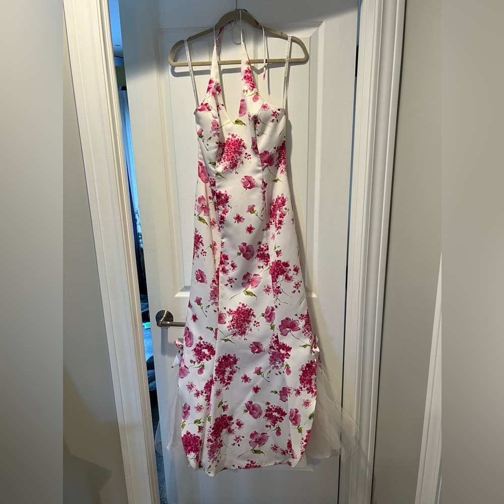 Zum Zum 7/8 long dress gown pink raspberry floral satin with tulle on the sides!